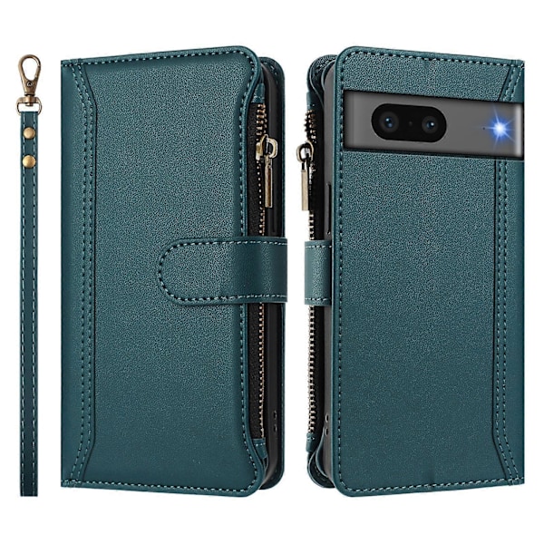 Magnetisk Stängning 9 Kortplatser Dragkedja Läderfodral med Handrem Dark Green For Google Pixel 7 5G