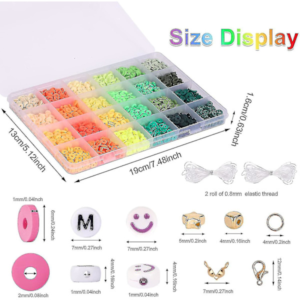 9600 stk Lerperler til Smykkefremstillingssæt, 96 Farver Spacer Heishi Perler Flade Runde Polymer Lerperler med Bogstavperler Smiley Perler og Elastisk Snøre