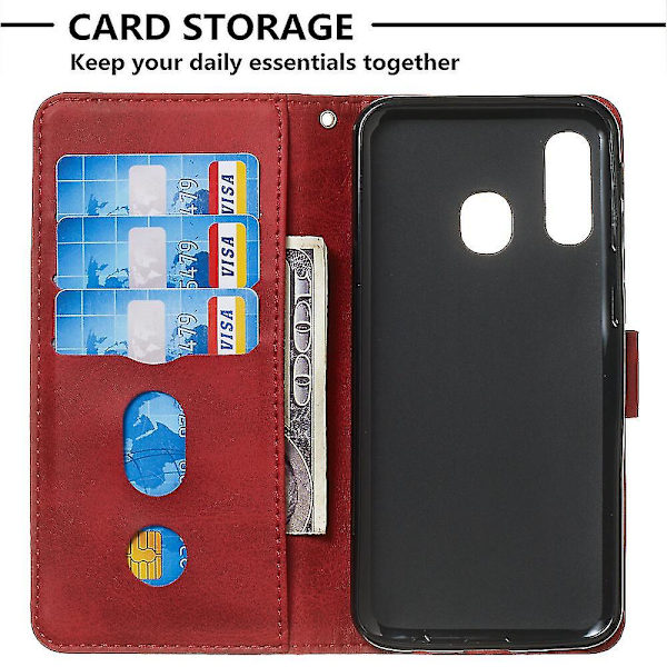 Nytt Plånboksfodral Kompatibelt Med Samsung Galaxy A40, Premium PU Läder Magnetisk Stängning Kortplatser Ställ Funktion Dragkedja Ficka Mjukt TPU Flip Skydd - Röd