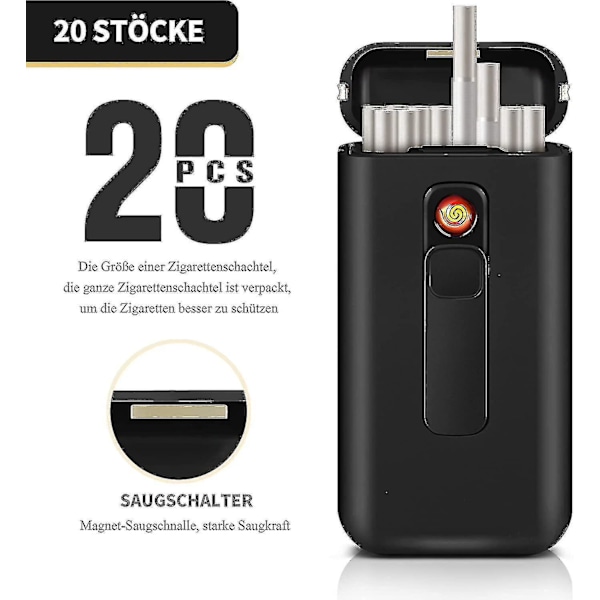 Lf9010 Sigarettveske med lighter, 20 stk 100mm King Size sigarettkapasitet, gaver til menn (9010-bk)