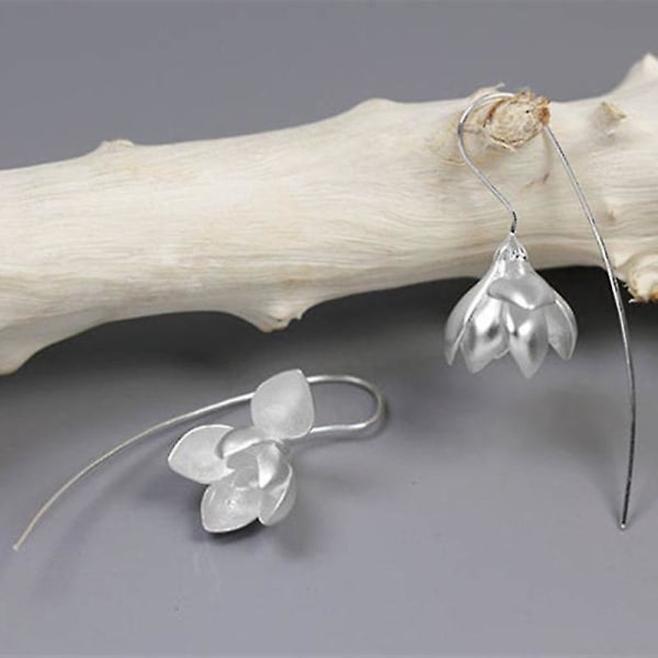 S925 Sterling Sølv øredobber Elegante Magnolia Flower Drop Øredobber Natural Silver