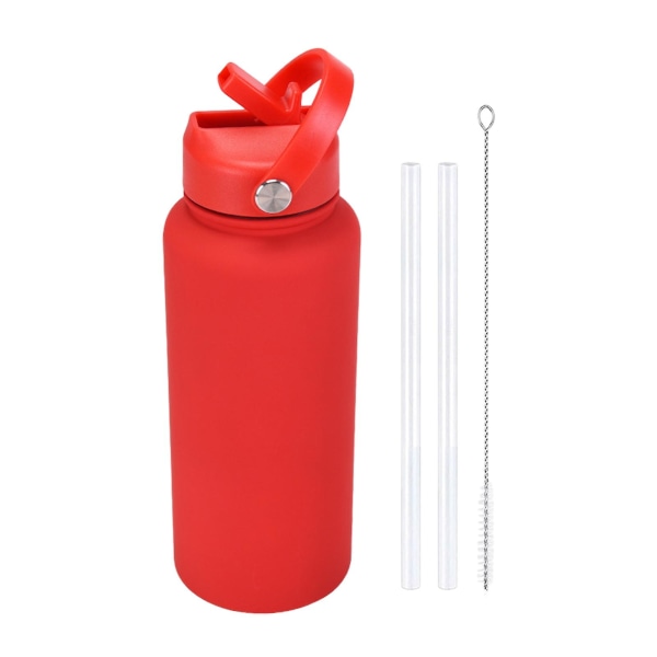 1000 ml vannflaske i rustfritt stål med strå BPA-fri lekkasjesikker isolert 24 timer kald 12 timer varm sportsflaske Red