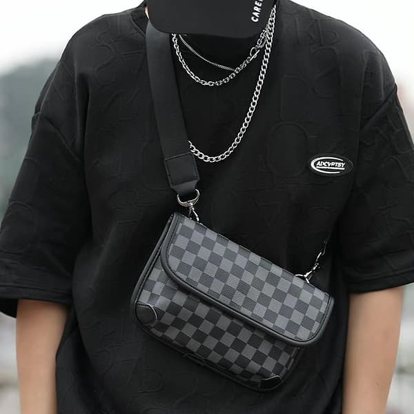 Män Rutig Läder Crossbody Väska Axelväska Messenger Väskor