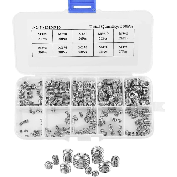 M3 M4 M5 M6 M8 sekskantet fatningssæt skruer 200 stk., sæt diverse sæt skruer sæt rustfrit stål sekskantet sæt