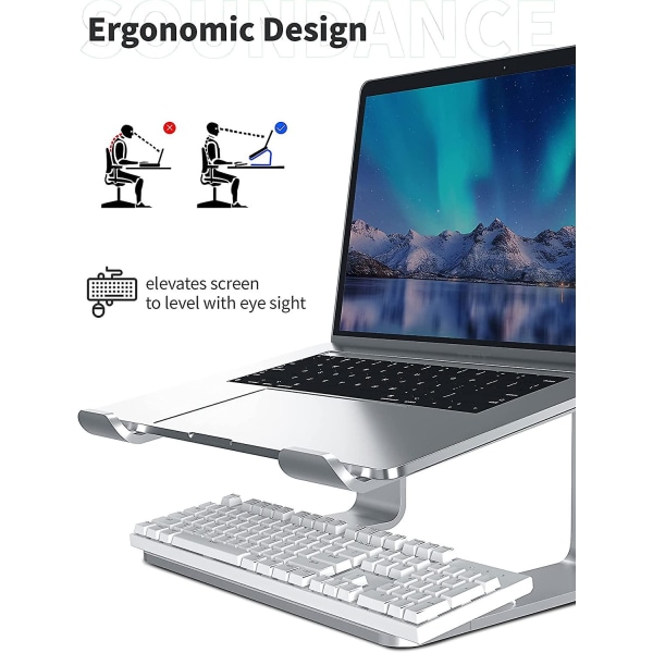 Laptopstativ, aluminiumscomputerforhøjer, ergonomisk bærbare elevator til skrivebord, metalholder kompatibel med 10 til 15,6 tommer bærbar computer, sølv
