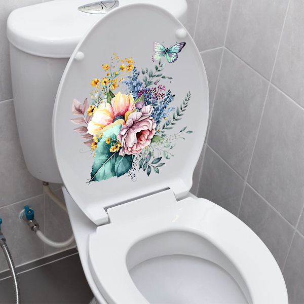 Toalettdekal Vattentät Fjäril Blommönster Dekal Livfull Färg Väggdekor för Hem Badrum