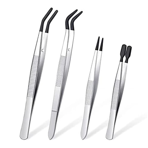 Set med 4 pinsetter med gummitupper - Pinsetter med PVC-belegg, pinsetter med fine gummitupper