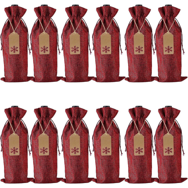 Jute-snøre-vinflaskefavoritposer med tags og reb til jul, bryllup, rejse, fødselsdagsfest (12-pak vinrød)