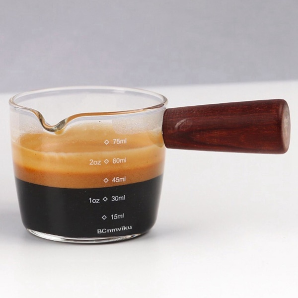 2x Lasinen mittakuppi Espresso Shot Glass 75ml Triple Kannu Barista Yksinkertaiset juoksuputket puukädellä