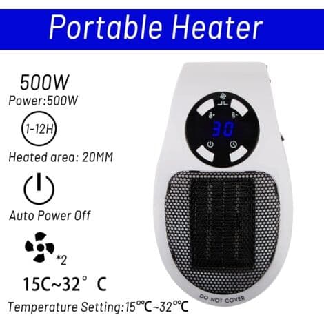 Mini plug-in elektrisk radiator, 500W, konstant temperatursystem, LED-display