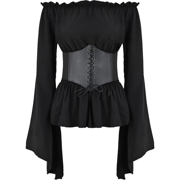 Renaissance bluse for kvinner Korsett midjebelte Middelaldersk viktoriansk off-skulder langermet skjorte Pirate Cosplay kostymer Black Large