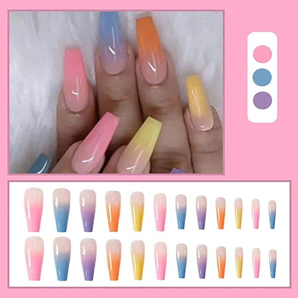 En set med 24 pressade spikkistor, långa falska naglar, regnbågsgradientfärg glans Akryl Ballerina falska naglar (regnbågsfärg)