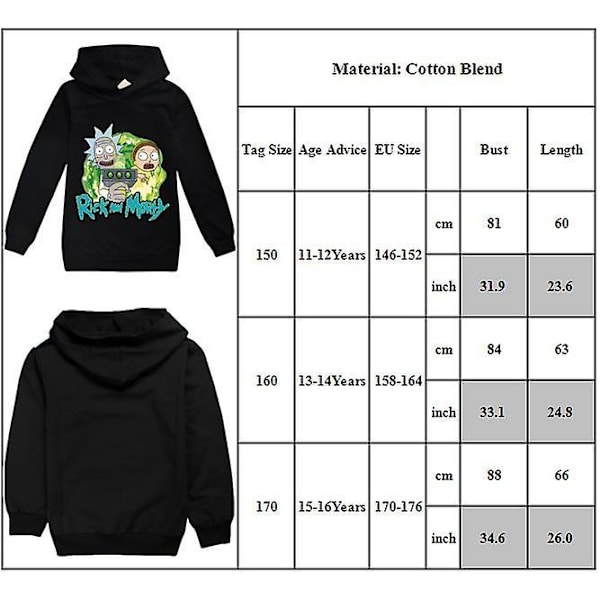 Rick And Morty-hoodie för pojkar, tryckt, ledig tröja med huva, tröja, toppar, 11–16 år 11-12 Years