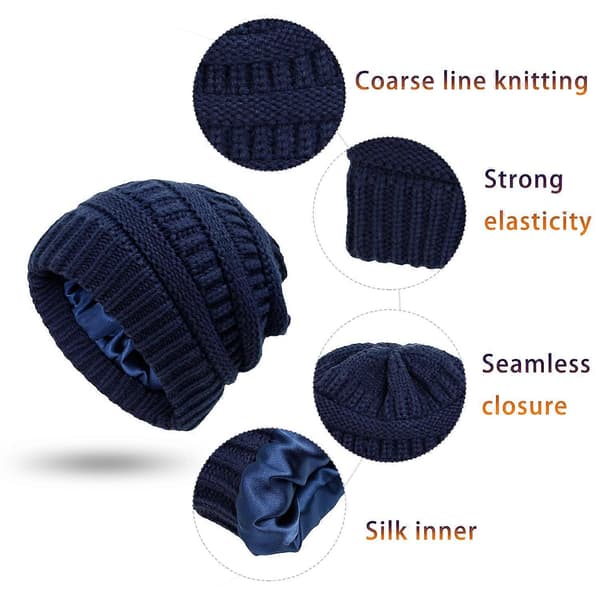 Vinter Beanie Hat til Kvinder med Satinforing Strikket Hat til Damer Vinter Varmt Tykt Snehat Navy Blå