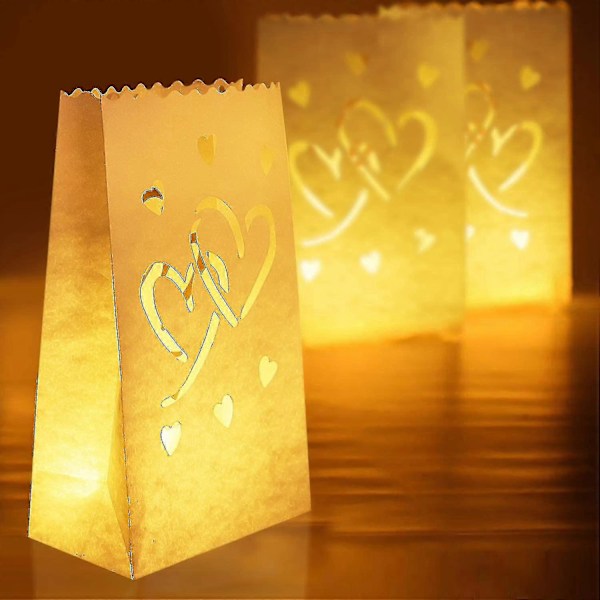 50 stk. Hvide Luminaryposer Hjerter, Flammebestandige Lysposer