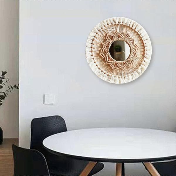 Hängande Väggspegel Makramé Frans Rund Boho Spegeldekor för Lägenhet Vardagsrum Sovrum