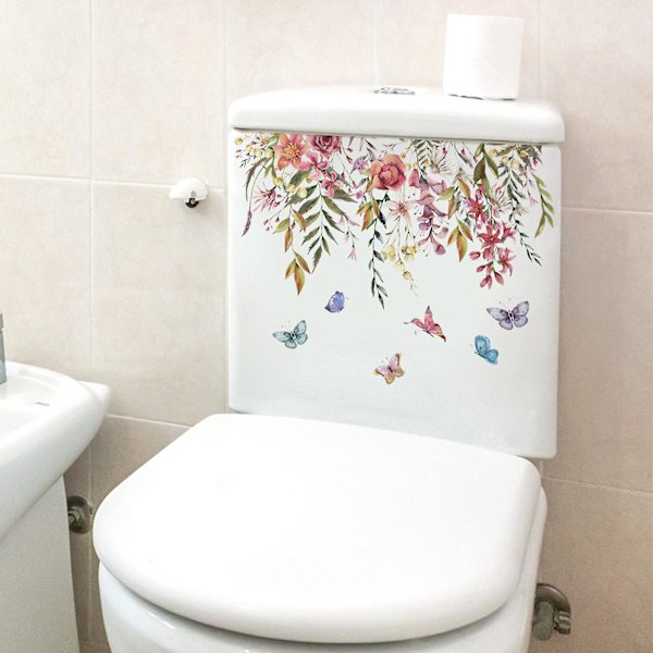 WC-tarra, pitkäkestoinen, elävä värinen kukka-perhoskuvio, seinätarra kodin kylpyhuoneen sisustukseen