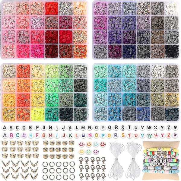 9600 stk leireperler for smykkefremstillingssett, 96 farger avstandsstykke Heishi-perler Flate runde polymerleireperler med bokstavperler Smileyperler og strikkstrikk