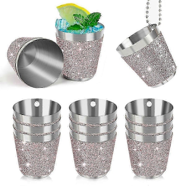 12 stk. Shotglass i metall for oppheng, rustfritt stål med kjetting, shotglass 30 ml