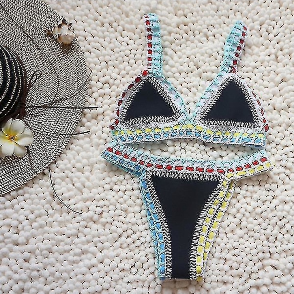 Heklet badetøy for strikkede badedrakter til kvinner Neopren Bikini Beachwear Boho stil badedrakt Todelt badedrakter L Black