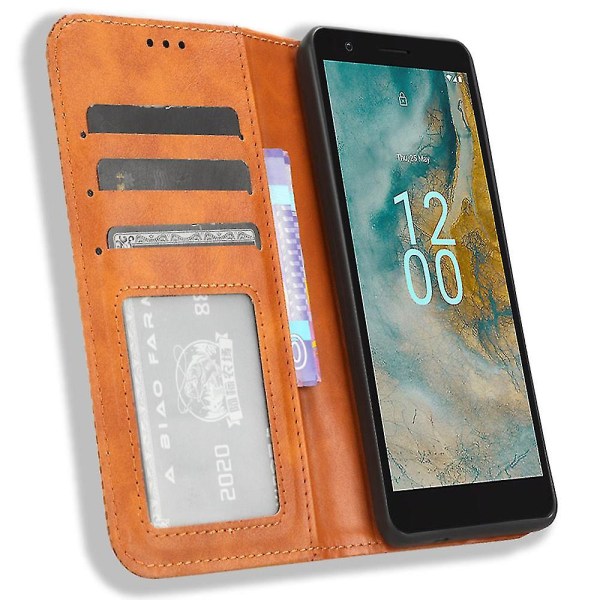 Yhteensopiva Nokia C02 Magnetic Pu Nahkainen case Iskunkestävä jalusta Lompakon puhelimen suojakuori-k Brown