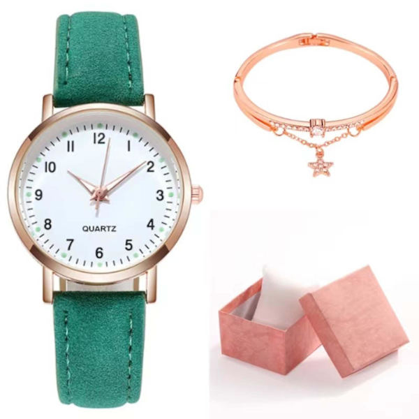 Klassisk damklocka med kvartsurverk, självlysande urtavla, frostigt läderarmband, retro liten rund damklocka med armband och ask Green