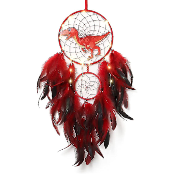 Dinosaur Dream Catchers til drenge og piger, Dream Catcher lys vægdekoration fjer vægophæng Dino Dream Catcher børnegave Red With light