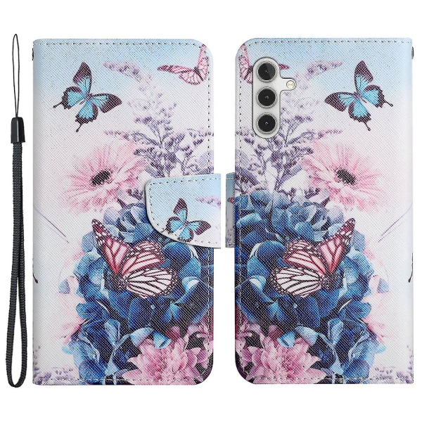 Samsung Galaxy A15 5G fodral PU läder mönstertryck plånbok telefonfodral med rem Purple Butterflies