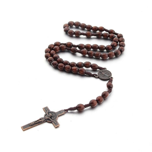 Katolsk kors rosenkrans halskæde, naturtræ bedeperler med medaljekors Dark Brown