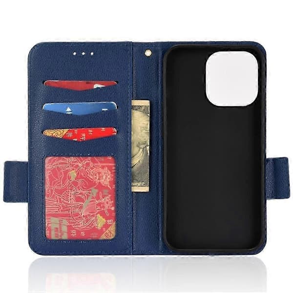 Etui til iPhone 16 Pro Max PU-læder med side-spænde, kortholder, pung og magnet Blue