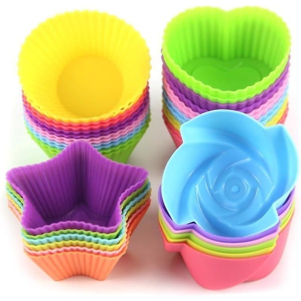 Silikon Cupcake Liners Gjenbrukbare bakekopper Nonstick Easy Clean Muffinsformer 4 former runde, stjerner, hjerte, blomster, 24 stykker fargerike"