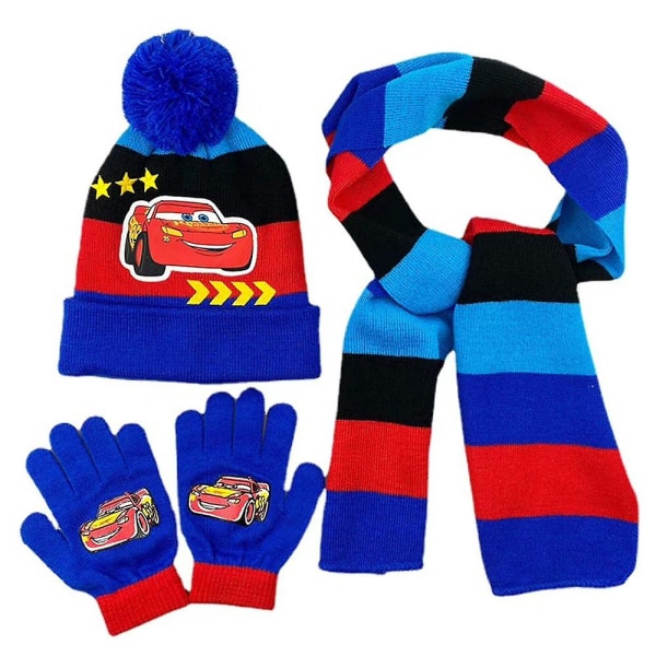 Børnebiler Lightning Mcqueen Cartoon Warm Strik Hat Tørklæde og handsker sæt til 3-8 år Blue Black