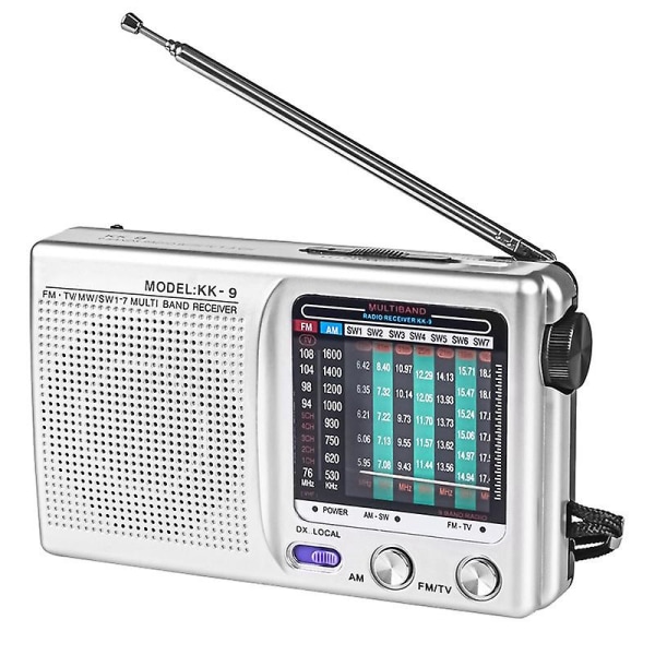AM/FM/SW bærbar radio som drives for innendørs, utendørs og nødbruk Radio med høyttaler- og hodetelefonkontakt, sølv