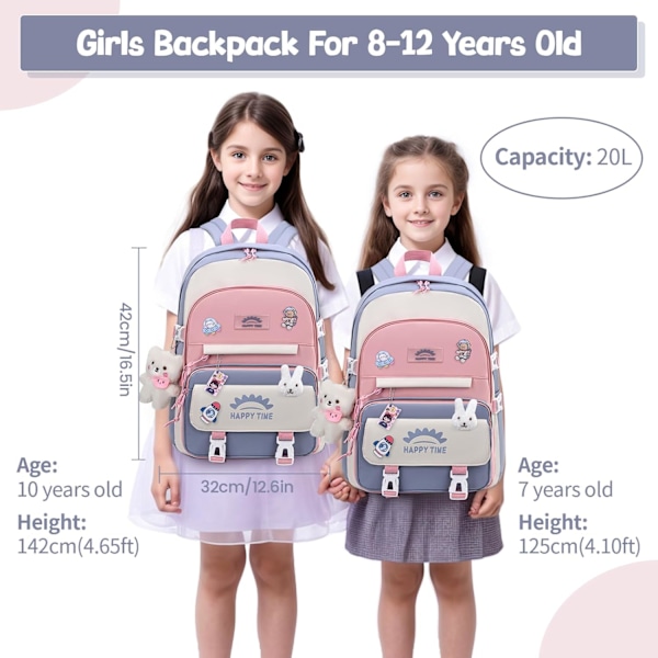 Ryggsäck för flickor med hänge från 8 till 12 år, lätt och vattentät Kawaii nylon skolryggsäck för flickor, blå