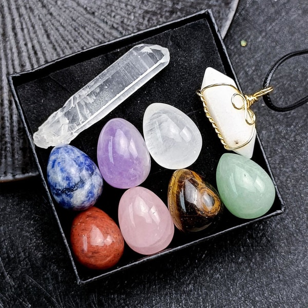 7 st Naturkristall Sju Chakras Healing Stones Energiägg Meditation Quartz Gemstone Reiki Healers Yoga Practioner Wooden box gift box