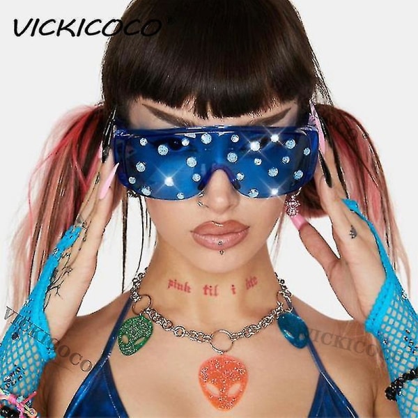 Oversized Diamond Goggle Solbriller One Piece Windscreen UV-beskyttelse Punk Rhinestone