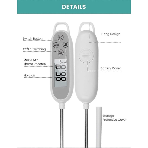 Kökstermometer, Digital Kökstermometer med Lång Sond, Mattermometer Instant Avläsning & IP65 Vattentät