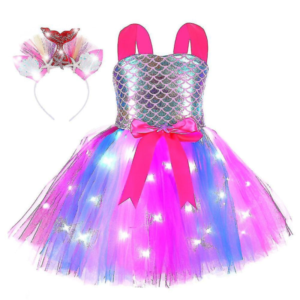 Barn Jenter Havfrue Kostyme Led Light Up Tutu Kjole + Pannebånd Antrekk Sett Cosplay Karneval Bursdagsfest Rose Red 3-4 Years