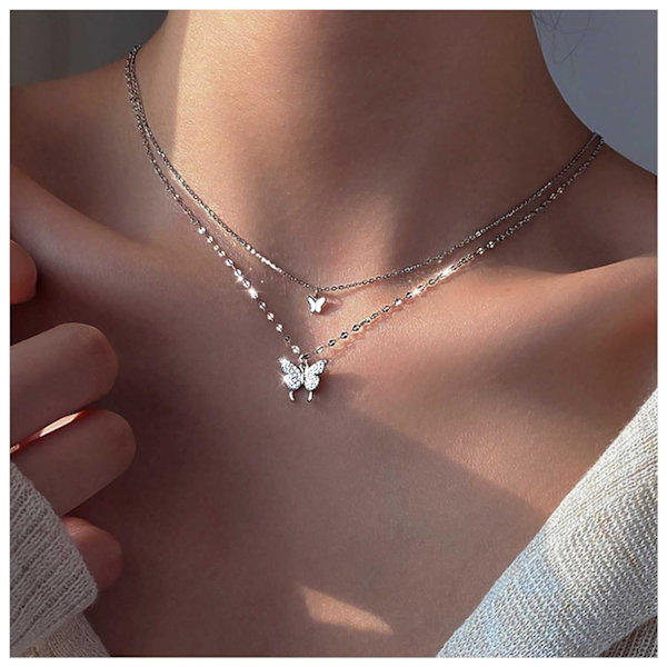 Vintage Lagdelt Krystall Sommerfugl Halskjede Strass Sommerfugl Anheng Halskjede Dobbel Sommerfugl Choker Halskjede Sølv