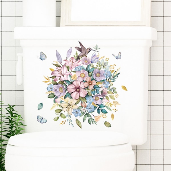 1 sæt toiletklistermærke Blomstermønster vægmærkat Aftageligt selvklæbende toiletlåg klistermærke til hjemmebadeværelse