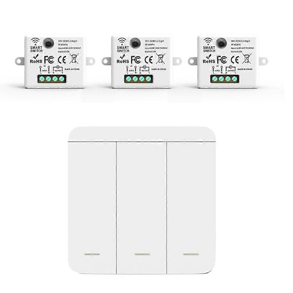 3 KPL Langaton Valokytkin RF 433Mhz Rele Vastaanotin 1x 3-osainen Paneelikytkin LED Kaukosäätimellä LED-lampulle White