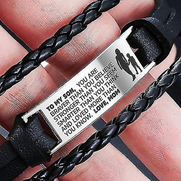 Armband till min son från mamma pappa, läderarmband manschett handledsband rostfritt stål graverade armband med magnetisk lås