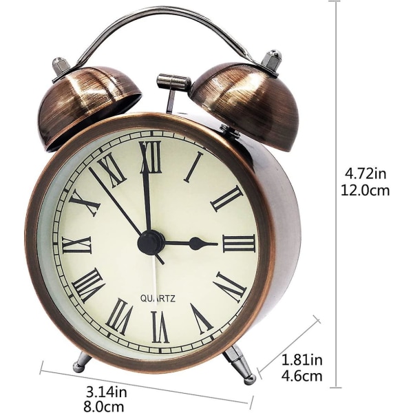 Retro stille, ikke-tikkende reisevekkerklokke, analog Quartz Twin Bell Clock, batteridrevet (3 tommer)