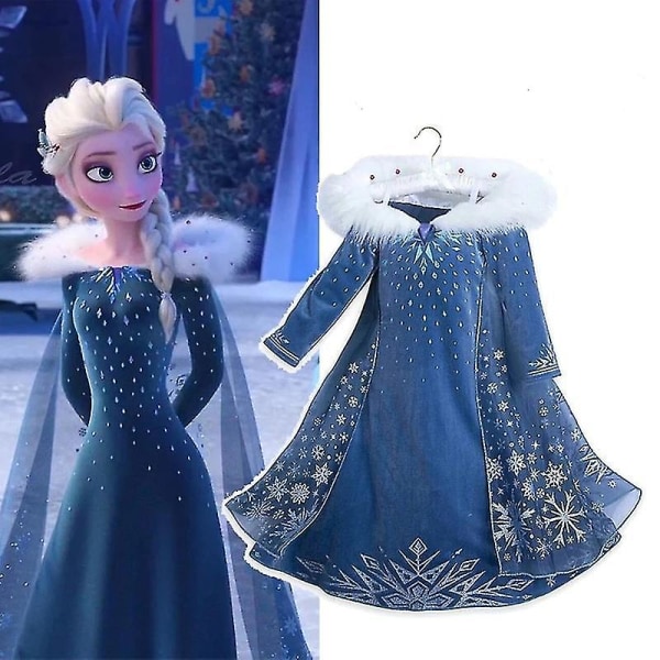 Frozen 2 Elsa Princess Snowflake Dress Kappe Børn Piger Halloween Party Cosplay Ice Queen Fancy Dress Up Jul Fødselsdag Performance Kostume Navy Blue 5-6 Years