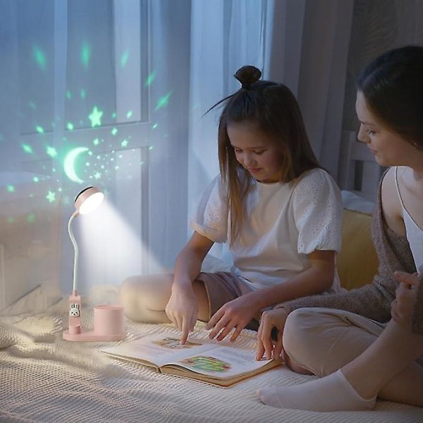 Skrivebordslampe Børne sengelampe med penneholder, Himmel bordlampe med automatisk farveskift, dæmpbar genopladelig led læselampe til børn