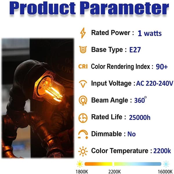Mini LED-rørlampe, 1W E27-sokkel 2200K varm hvit 6-pakning
