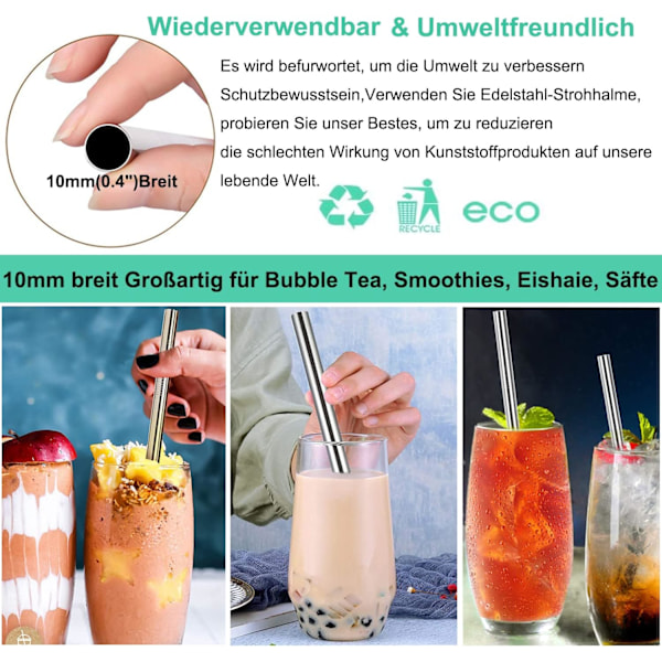 Milkshake-oljet  10 mm leveät oljet, 4-pakk teräspoljet, 266 mm ja 216 mm pitkät oljet 1 oljenpuhdistusvälineellä, uudelleenkäytettävä