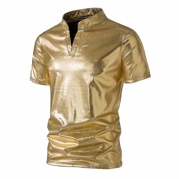 Menn V-hals Sparkle Kortermede skinnende poloskjorter 70-tallet 80-tallet Disco Party Uformelle T-skjorter T-skjorter Gold S