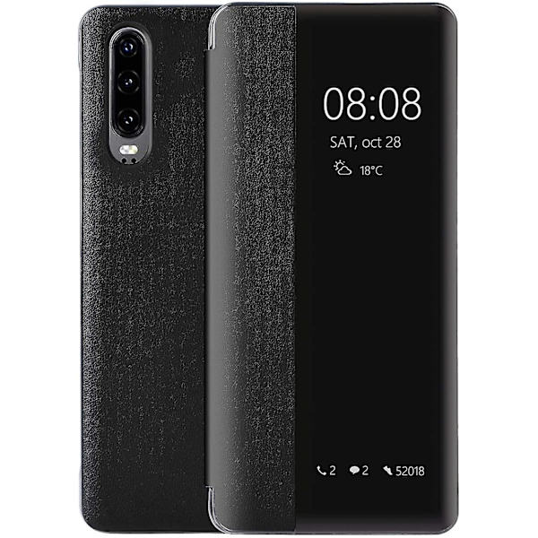 Huawei P30-deksel, Smart View Leather Flip-deksel, [strømsparingsmodus][integrert beskyttelse](p30, svart)