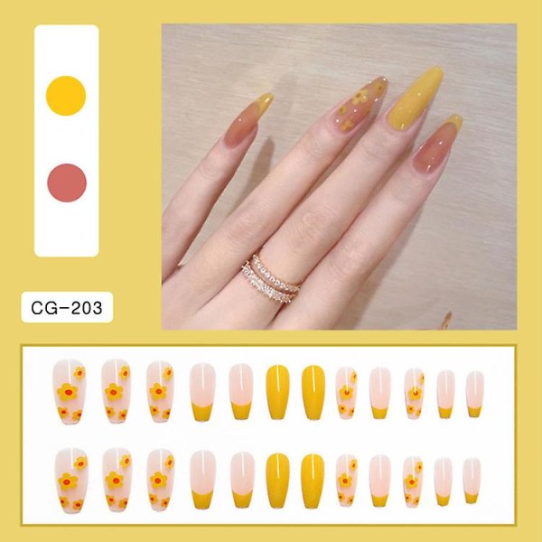 Gul press på naglar Medellånga Daisy falska kista spikar tips Blomma Akryl lösnaglar med gelé lim klistermärke (24 st)